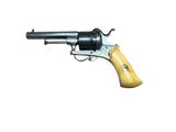 an old revolver with a wooden handle on a white background
