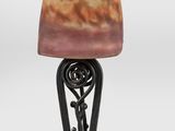 pair of art nouveau style table lamps with shades of red and yellow