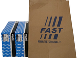 a brown bag with a logo on it next to a stack of blue boxes
