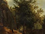 un tableau représentant un homme et une femme marchant sur un chemin de terre dans une zone boisée