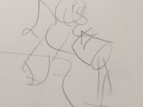 dessin représentant une personne assise sur un banc avec un chien