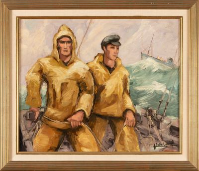 painting of two men in yellow jackets standing on a boat in the ocean
