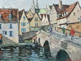 a painting of people walking on a bridge over a river