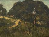 a painting of cows grazing in a field with trees