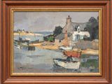 an oil painting of boats in a harbor with a house in the background