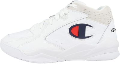 chaussures de sport de compétition pour homme, de couleur blanche, avec un logo rouge et bleu sur le côté