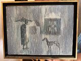 Quelqu'un tient un tableau représentant un homme et un chien sous la pluie.