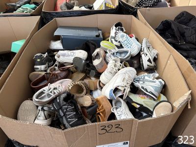 une boîte en carton remplie de chaussures empilées les unes sur les autres