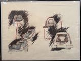 three drawings of cars that are on display in a frame