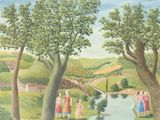 a painting of a group of people standing by a river