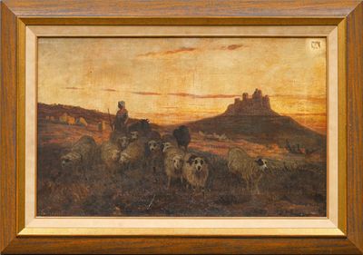 une image représentant un tableau d'un troupeau de moutons dans un champ