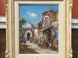 une peinture à l'huile d'une scène de rue avec des gens et des bâtiments