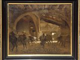 tableau représentant un groupe de chevaux dans une écurie, avec un homme qui les mène