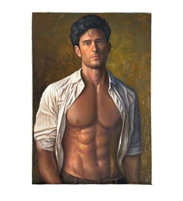 painting of a man in a white shirt posing for a picture