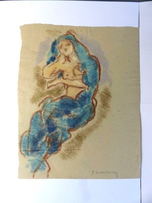 un dessin représentant une femme assise sur une couverture bleue