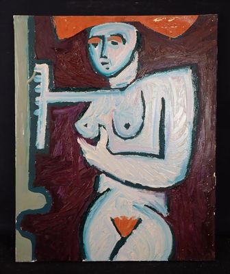 une peinture à l'huile représentant un homme tenant un couteau dans la main droite