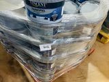 many cans of paint sitting on a pallet in a store