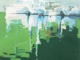 un tableau représentant des bateaux sur l'eau par une journée ensoleillée