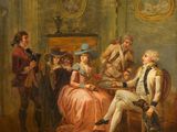 peinture d'un groupe de personnes assises autour d'une table dans une pièce