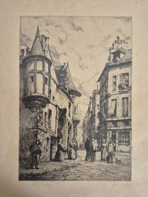 drawing of a street scene with a horse drawn carriage in the middle of the street