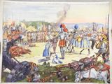 une image d'un tableau représentant un groupe d'hommes à cheval