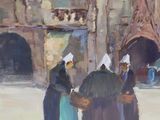 painting of a group of women walking down a street in front of a building