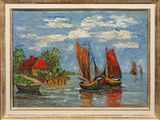 une peinture à l'huile représentant des bateaux sur un plan d'eau, avec une maison en arrière-plan