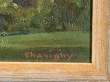 an oil painting of a field with trees and a house in the distance