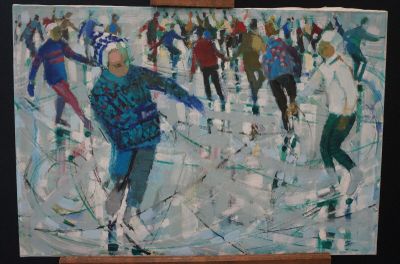 a painting of a group of people skating on the ice