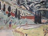 a picture of a painting of a train on the tracks