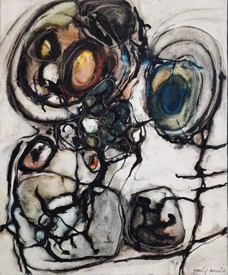 painting of a black and white drawing of a man and a woman