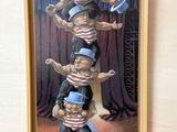 a picture of a painting of a group of people balancing on top of each other