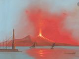 an image of a painting of a volcano in the distance with sailboats in the foreground