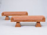 deux bancs en bois recouverts de coussins orange, sur fond blanc