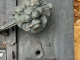 a metal door with a lion head on it