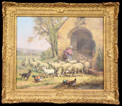 J. FROMENT Bergère sortant son troupeau de l'étable entourée… - Photo 1