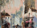 an oil painting of people walking down a city street in the rain
