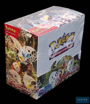 a box of pokemon trading cards on a black background