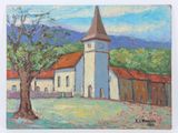 une peinture à l'huile représentant une église avec un arbre devant