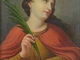 une image représentant un tableau où l'on voit une femme tenant un bouquet de fleurs
