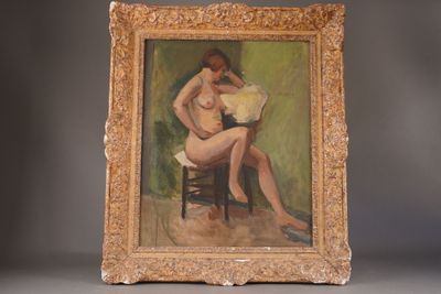 ECOLE XXème siècle. Nu féminin assis, huile sur toile.