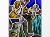 a stained glass picture of a man holding a fish