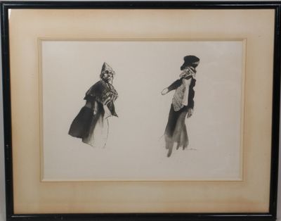 two black and white drawings of a woman in a hat and coat