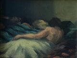 a painting of a woman laying in bed with her head on a pillow