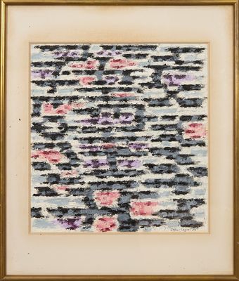 a painting of a black and white brick wall with pink flowers