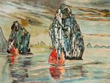 a painting of a group of rocks in the water