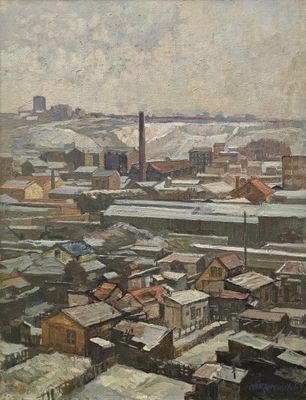 an image of a painting of a city with buildings and a clock tower