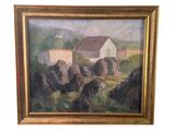 une peinture à l'huile représentant des vaches paissant dans un champ, avec une grange en arrière-plan
