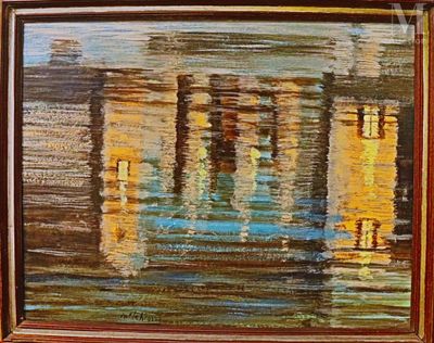 an oil painting of a building with columns in the water