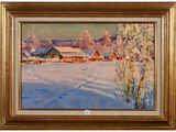 un tableau représentant un paysage enneigé avec une grange au loin